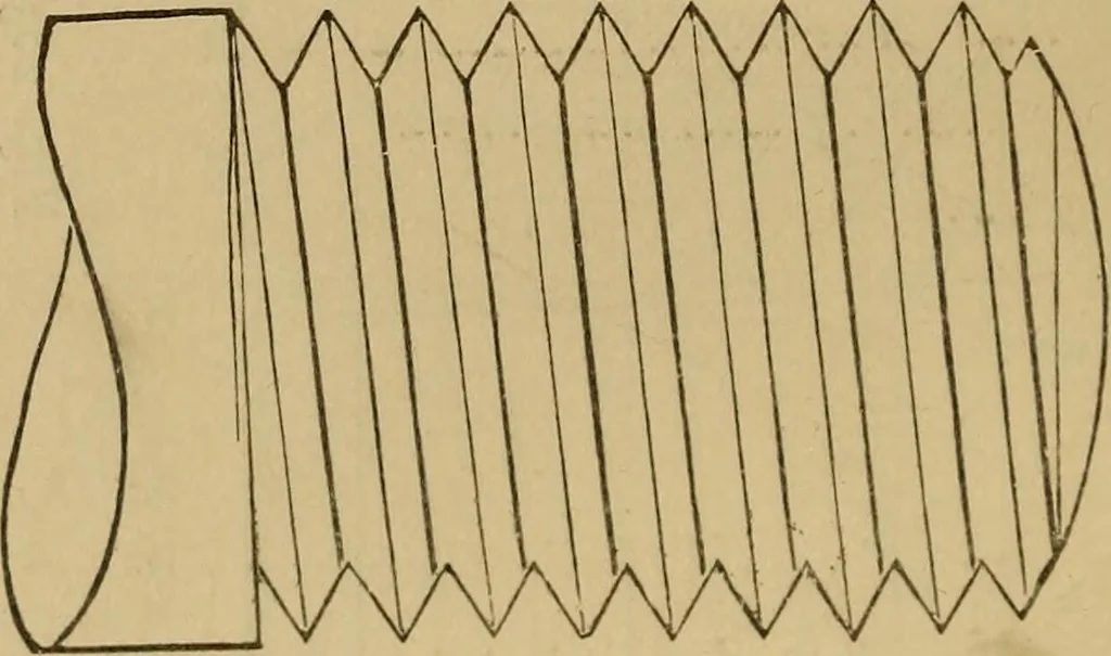 An illustration from Mechanical drawing self-taught: comprising instructions in the selection and preparation of drawing instruments. Elementary instruction in practical mechanical drawing. Together with examples in simple geometry and elementary mechanism, including screw threads, gear wheels, mechanical motions, engines and boilers, 1889, leaf 155
