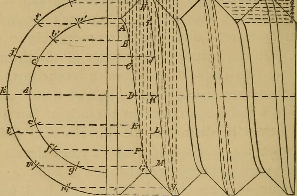 An illustration from Mechanical drawing self-taught: comprising instructions in the selection and preparation of drawing instruments. Elementary instruction in practical mechanical drawing. Together with examples in simple geometry and elementary mechanism, including screw threads, gear wheels, mechanical motions, engines and boilers, 1889, leaf 161