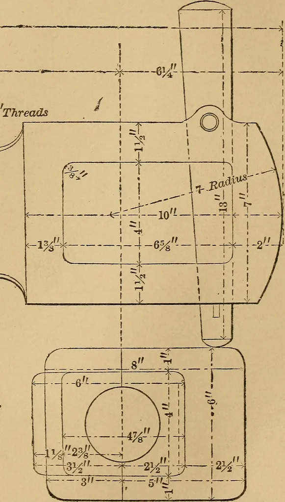 An illustration from Mechanical drawing self-taught: comprising instructions in the selection and preparation of drawing instruments. Elementary instruction in practical mechanical drawing. Together with examples in simple geometry and elementary mechanism, including screw threads, gear wheels, mechanical motions, engines and boilers, 1889, leaf 172