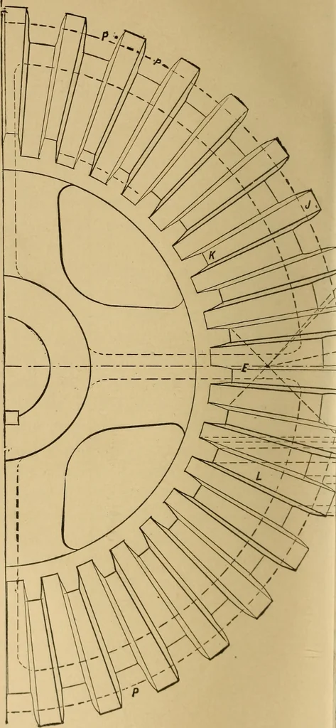 An illustration from Mechanical drawing self-taught: comprising instructions in the selection and preparation of drawing instruments. Elementary instruction in practical mechanical drawing. Together with examples in simple geometry and elementary mechanism, including screw threads, gear wheels, mechanical motions, engines and boilers, 1889, leaf 217