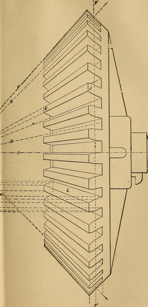 An illustration from Mechanical drawing self-taught: comprising instructions in the selection and preparation of drawing instruments. Elementary instruction in practical mechanical drawing. Together with examples in simple geometry and elementary mechanism, including screw threads, gear wheels, mechanical motions, engines and boilers, 1889, leaf 218
