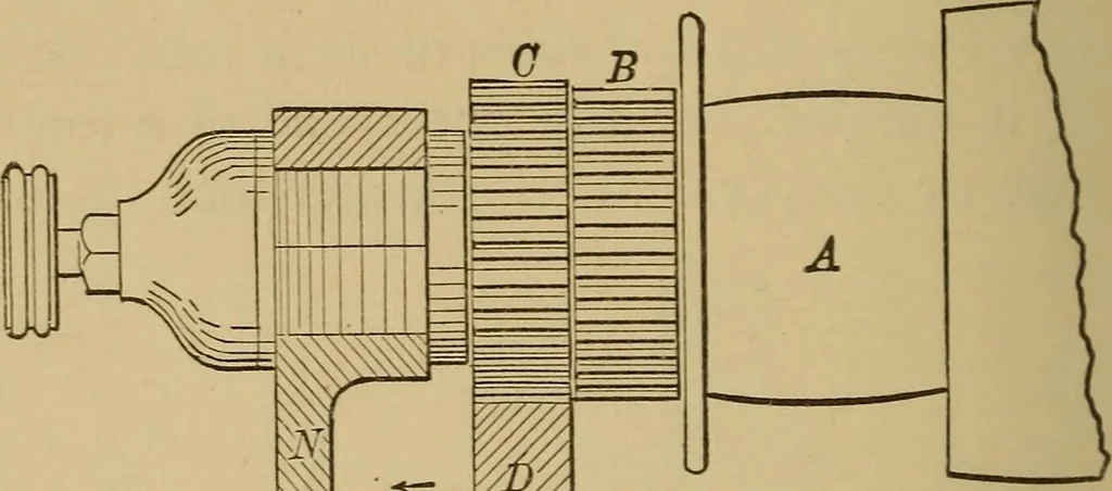 An illustration from Mechanical drawing self-taught: comprising instructions in the selection and preparation of drawing instruments. Elementary instruction in practical mechanical drawing. Together with examples in simple geometry and elementary mechanism, including screw threads, gear wheels, mechanical motions, engines and boilers, 1889, leaf 221