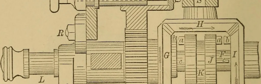 An illustration from Mechanical drawing self-taught: comprising instructions in the selection and preparation of drawing instruments. Elementary instruction in practical mechanical drawing. Together with examples in simple geometry and elementary mechanism, including screw threads, gear wheels, mechanical motions, engines and boilers, 1889, leaf 221