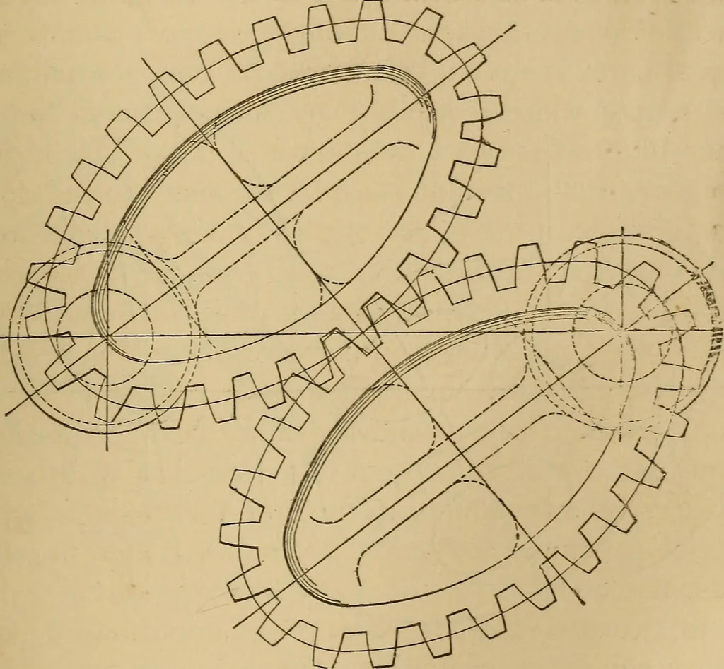 An illustration from Mechanical drawing self-taught: comprising instructions in the selection and preparation of drawing instruments. Elementary instruction in practical mechanical drawing. Together with examples in simple geometry and elementary mechanism, including screw threads, gear wheels, mechanical motions, engines and boilers, 1889, leaf 234