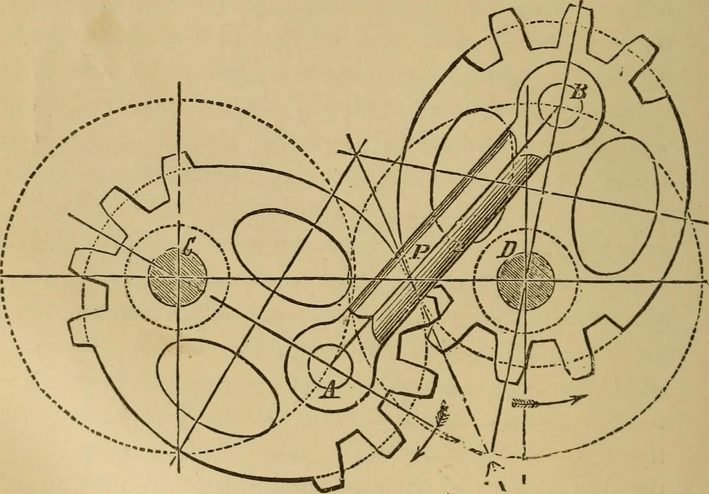 An illustration from Mechanical drawing self-taught: comprising instructions in the selection and preparation of drawing instruments. Elementary instruction in practical mechanical drawing. Together with examples in simple geometry and elementary mechanism, including screw threads, gear wheels, mechanical motions, engines and boilers, 1889, leaf 235