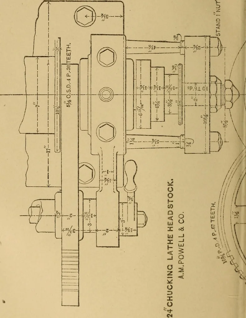 An illustration from Mechanical drawing self-taught: comprising instructions in the selection and preparation of drawing instruments. Elementary instruction in practical mechanical drawing. Together with examples in simple geometry and elementary mechanism, including screw threads, gear wheels, mechanical motions, engines and boilers, 1889, leaf 313