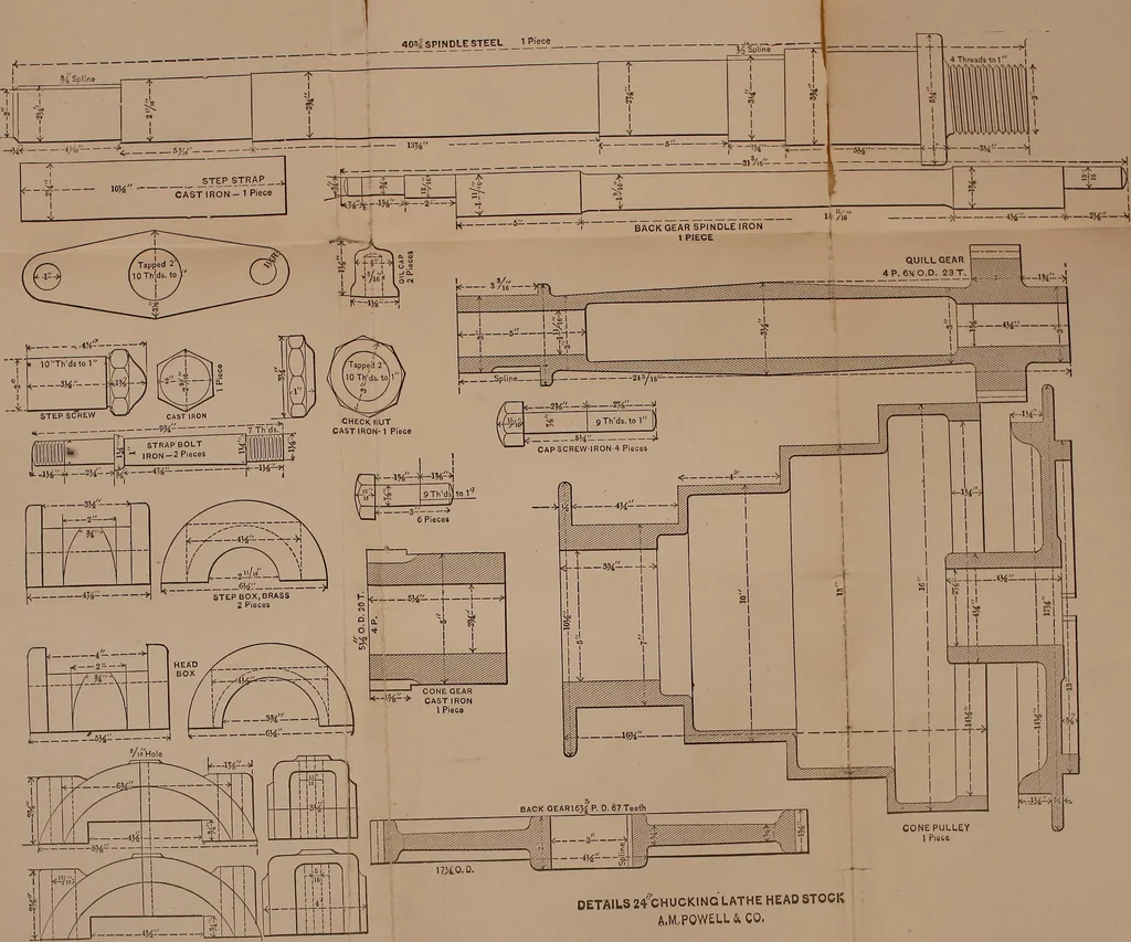 An illustration from Mechanical drawing self-taught: comprising instructions in the selection and preparation of drawing instruments. Elementary instruction in practical mechanical drawing. Together with examples in simple geometry and elementary mechanism, including screw threads, gear wheels, mechanical motions, engines and boilers, 1889, leaf 320