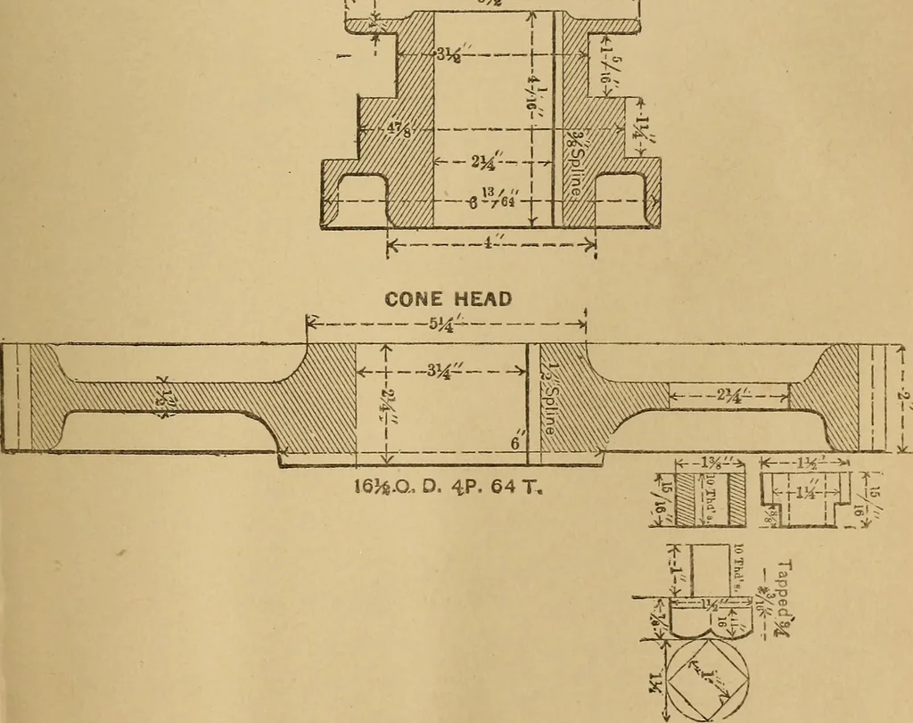 An illustration from Mechanical drawing self-taught: comprising instructions in the selection and preparation of drawing instruments. Elementary instruction in practical mechanical drawing. Together with examples in simple geometry and elementary mechanism, including screw threads, gear wheels, mechanical motions, engines and boilers, 1889, leaf 322