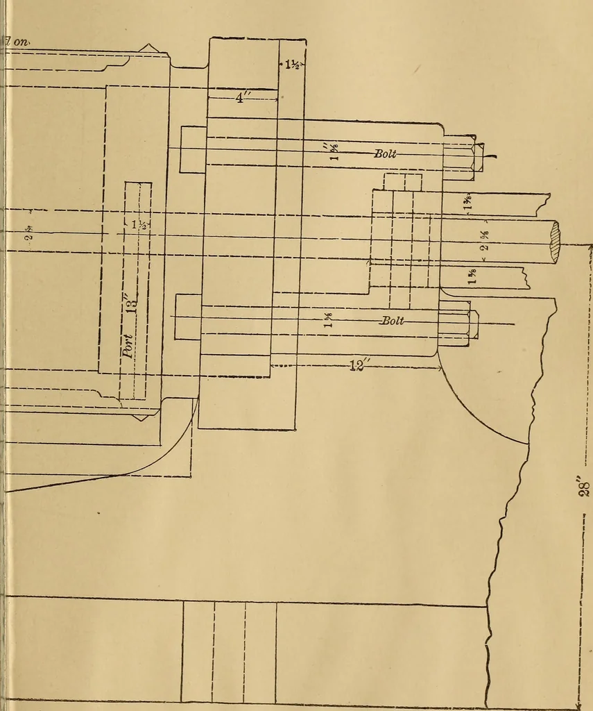 An illustration from Mechanical drawing self-taught: comprising instructions in the selection and preparation of drawing instruments. Elementary instruction in practical mechanical drawing. Together with examples in simple geometry and elementary mechanism, including screw threads, gear wheels, mechanical motions, engines and boilers, 1889, leaf 360
