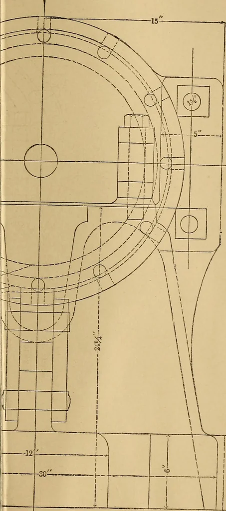 An illustration from Mechanical drawing self-taught: comprising instructions in the selection and preparation of drawing instruments. Elementary instruction in practical mechanical drawing. Together with examples in simple geometry and elementary mechanism, including screw threads, gear wheels, mechanical motions, engines and boilers, 1889, leaf 364