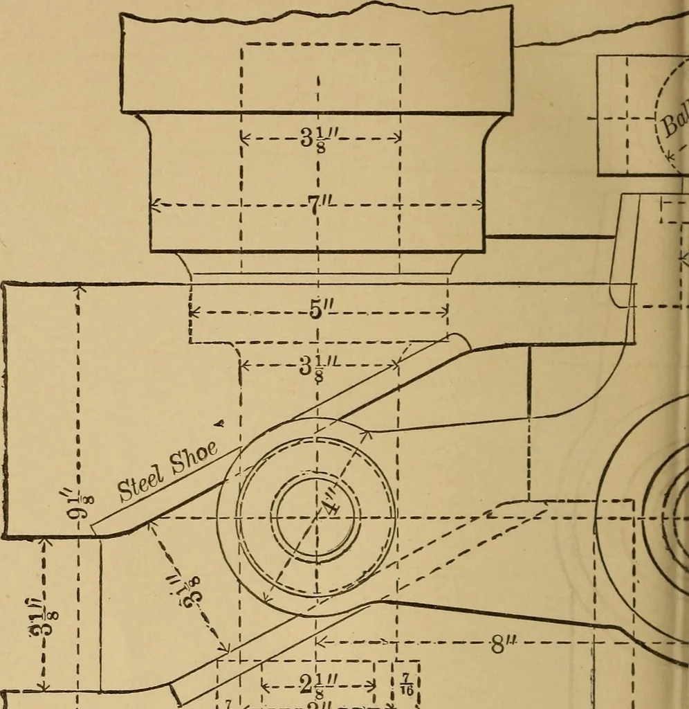 An illustration from Mechanical drawing self-taught: comprising instructions in the selection and preparation of drawing instruments. Elementary instruction in practical mechanical drawing. Together with examples in simple geometry and elementary mechanism, including screw threads, gear wheels, mechanical motions, engines and boilers, 1889, leaf 375