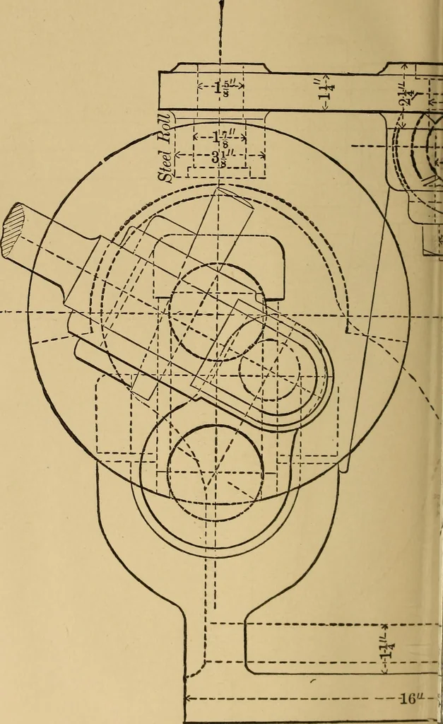 An illustration from Mechanical drawing self-taught: comprising instructions in the selection and preparation of drawing instruments. Elementary instruction in practical mechanical drawing. Together with examples in simple geometry and elementary mechanism, including screw threads, gear wheels, mechanical motions, engines and boilers, 1889, leaf 379