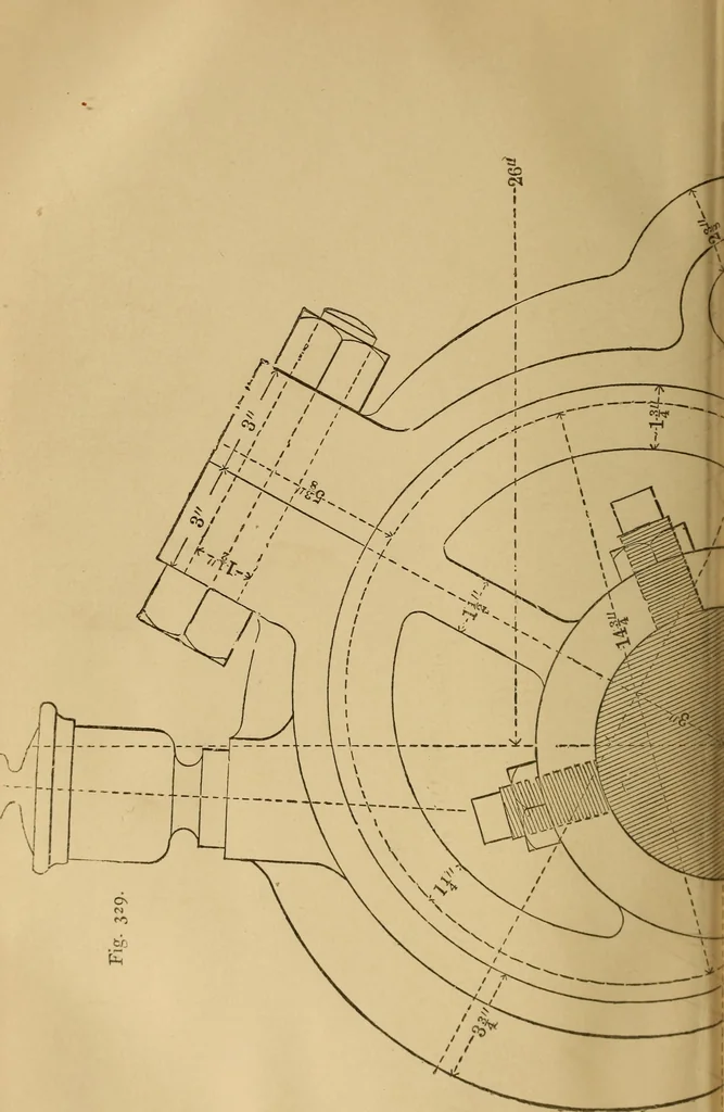 An illustration from Mechanical drawing self-taught: comprising instructions in the selection and preparation of drawing instruments. Elementary instruction in practical mechanical drawing. Together with examples in simple geometry and elementary mechanism, including screw threads, gear wheels, mechanical motions, engines and boilers, 1889, leaf 389