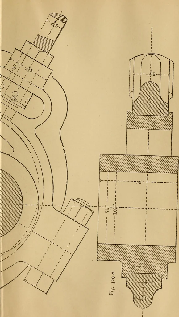 An illustration from Mechanical drawing self-taught: comprising instructions in the selection and preparation of drawing instruments. Elementary instruction in practical mechanical drawing. Together with examples in simple geometry and elementary mechanism, including screw threads, gear wheels, mechanical motions, engines and boilers, 1889, leaf 390