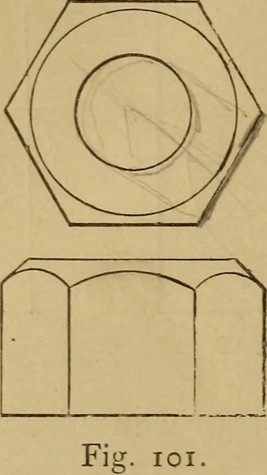 An illustration from Mechanical drawing self-taught: comprising instructions in the selection and preparation of drawing instruments. Elementary instruction in practical mechanical drawing. Together with examples in simple geometry and elementary mechanism, including screw threads, gear wheels, mechanical motions, engines and boilers, 1889, leaf 85