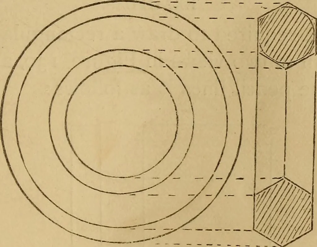 An illustration from Mechanical drawing self-taught: comprising instructions in the selection and preparation of drawing instruments. Elementary instruction in practical mechanical drawing. Together with examples in simple geometry and elementary mechanism, including screw threads, gear wheels, mechanical motions, engines and boilers, 1889, leaf 98