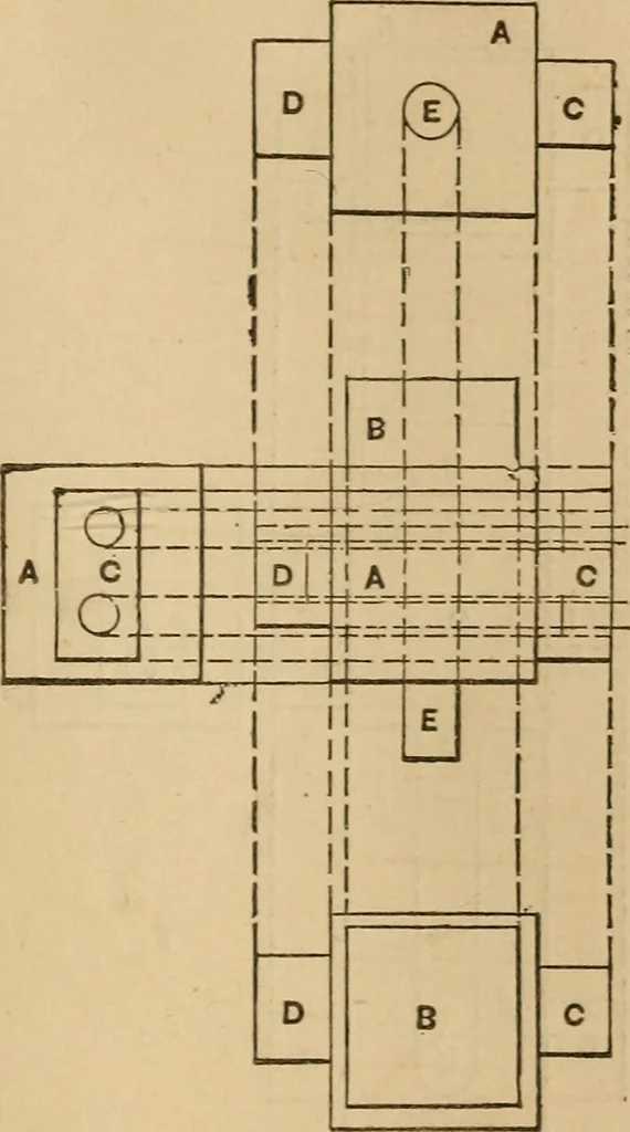 An illustration from Mechanical drawing self-taught: comprising instructions in the selection and preparation of drawing instruments, elementary instruction in practical mechanical drawing together with examples in simple geometry and elementary mechanism, including screw threads, gear wheels, mechanical motions, engines and boilers, 1883, leaf 110