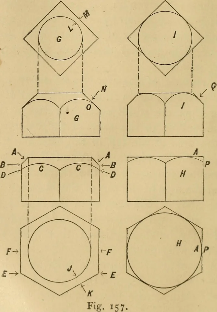 An illustration from Mechanical drawing self-taught: comprising instructions in the selection and preparation of drawing instruments, elementary instruction in practical mechanical drawing together with examples in simple geometry and elementary mechanism, including screw threads, gear wheels, mechanical motions, engines and boilers, 1883, leaf 121
