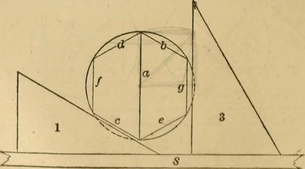 An illustration from Mechanical drawing self-taught: comprising instructions in the selection and preparation of drawing instruments, elementary instruction in practical mechanical drawing together with examples in simple geometry and elementary mechanism, including screw threads, gear wheels, mechanical motions, engines and boilers, 1883, leaf 129