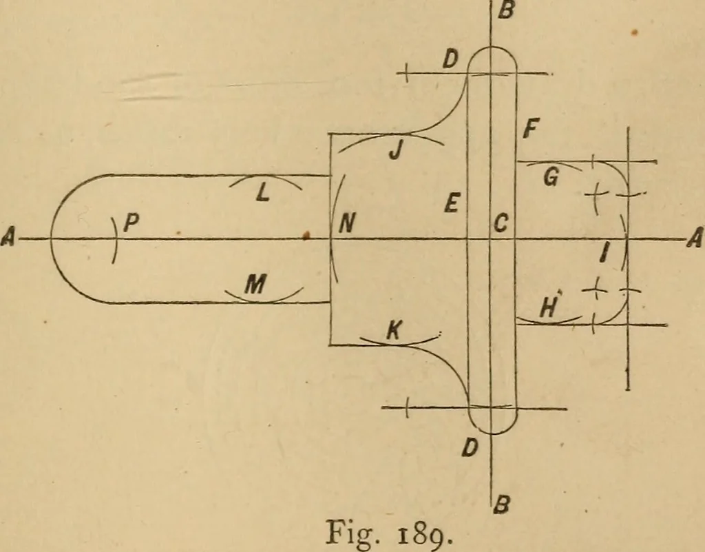 An illustration from Mechanical drawing self-taught: comprising instructions in the selection and preparation of drawing instruments, elementary instruction in practical mechanical drawing together with examples in simple geometry and elementary mechanism, including screw threads, gear wheels, mechanical motions, engines and boilers, 1883, leaf 144