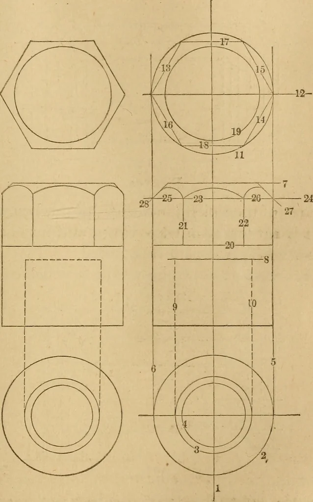 An illustration from Mechanical drawing self-taught: comprising instructions in the selection and preparation of drawing instruments, elementary instruction in practical mechanical drawing together with examples in simple geometry and elementary mechanism, including screw threads, gear wheels, mechanical motions, engines and boilers, 1883, leaf 146