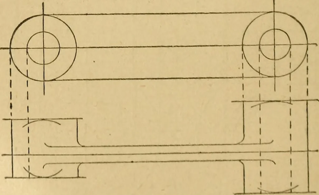 An illustration from Mechanical drawing self-taught: comprising instructions in the selection and preparation of drawing instruments, elementary instruction in practical mechanical drawing together with examples in simple geometry and elementary mechanism, including screw threads, gear wheels, mechanical motions, engines and boilers, 1883, leaf 147