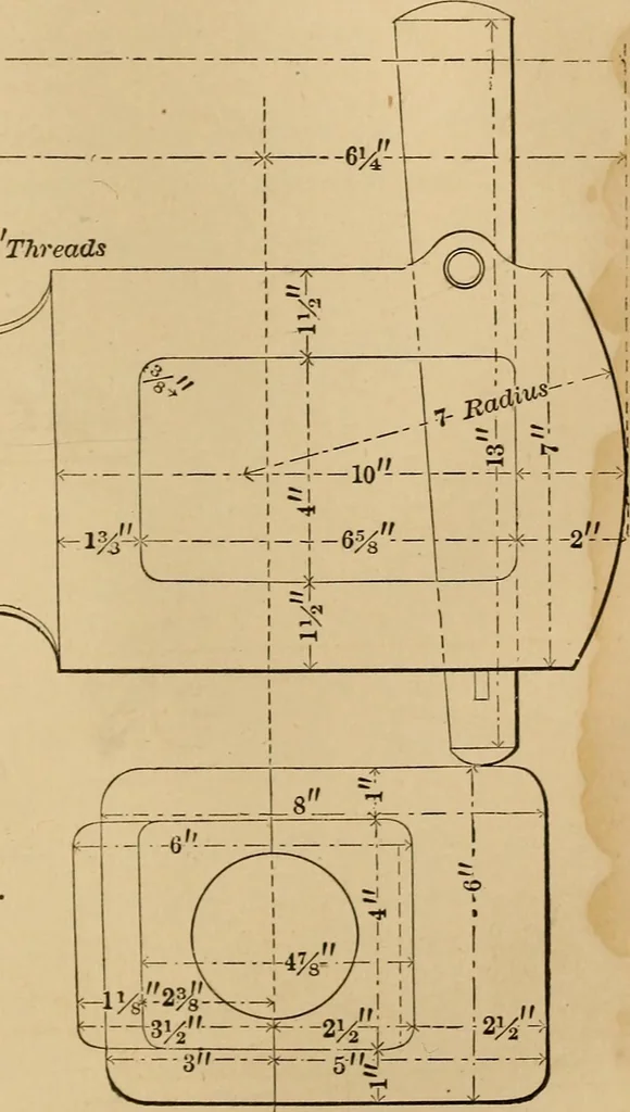 An illustration from Mechanical drawing self-taught: comprising instructions in the selection and preparation of drawing instruments, elementary instruction in practical mechanical drawing together with examples in simple geometry and elementary mechanism, including screw threads, gear wheels, mechanical motions, engines and boilers, 1883, leaf 172