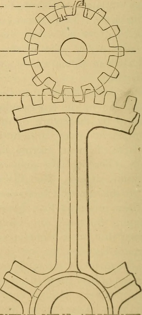 An illustration from Mechanical drawing self-taught: comprising instructions in the selection and preparation of drawing instruments, elementary instruction in practical mechanical drawing together with examples in simple geometry and elementary mechanism, including screw threads, gear wheels, mechanical motions, engines and boilers, 1883, leaf 207