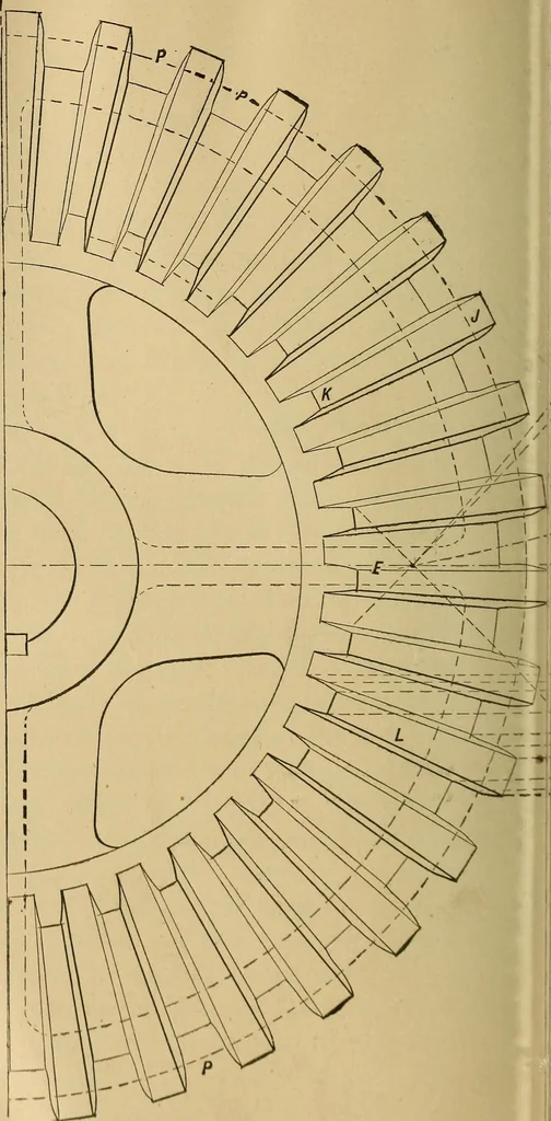 An illustration from Mechanical drawing self-taught: comprising instructions in the selection and preparation of drawing instruments, elementary instruction in practical mechanical drawing together with examples in simple geometry and elementary mechanism, including screw threads, gear wheels, mechanical motions, engines and boilers, 1883, leaf 217