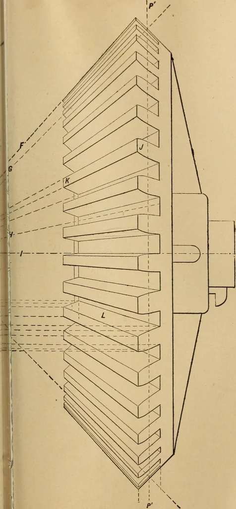 An illustration from Mechanical drawing self-taught: comprising instructions in the selection and preparation of drawing instruments, elementary instruction in practical mechanical drawing together with examples in simple geometry and elementary mechanism, including screw threads, gear wheels, mechanical motions, engines and boilers, 1883, leaf 218