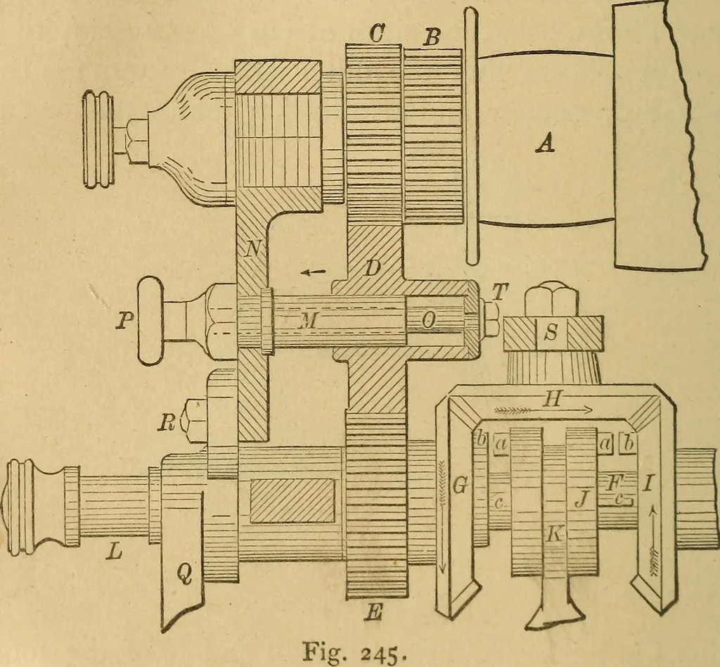An illustration from Mechanical drawing self-taught: comprising instructions in the selection and preparation of drawing instruments, elementary instruction in practical mechanical drawing together with examples in simple geometry and elementary mechanism, including screw threads, gear wheels, mechanical motions, engines and boilers, 1883, leaf 221