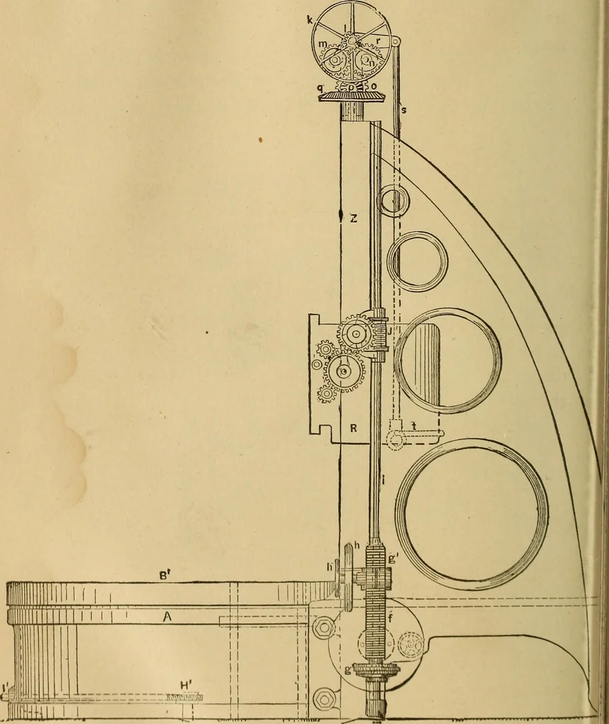 An illustration from Mechanical drawing self-taught: comprising instructions in the selection and preparation of drawing instruments, elementary instruction in practical mechanical drawing together with examples in simple geometry and elementary mechanism, including screw threads, gear wheels, mechanical motions, engines and boilers, 1883, leaf 223