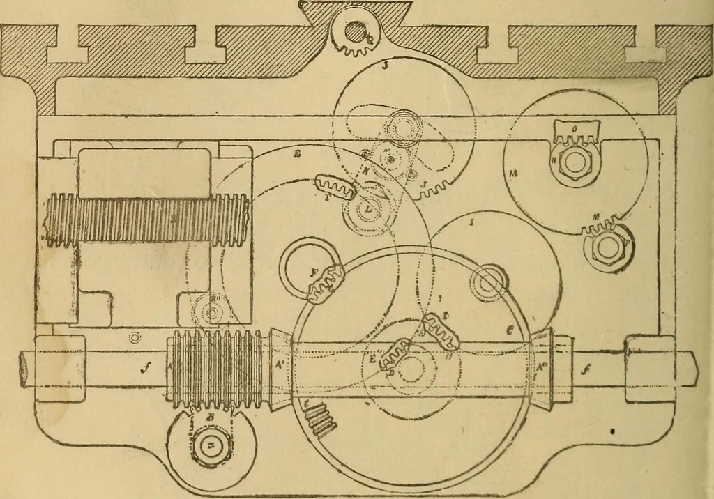 An illustration from Mechanical drawing self-taught: comprising instructions in the selection and preparation of drawing instruments, elementary instruction in practical mechanical drawing together with examples in simple geometry and elementary mechanism, including screw threads, gear wheels, mechanical motions, engines and boilers, 1883, leaf 225