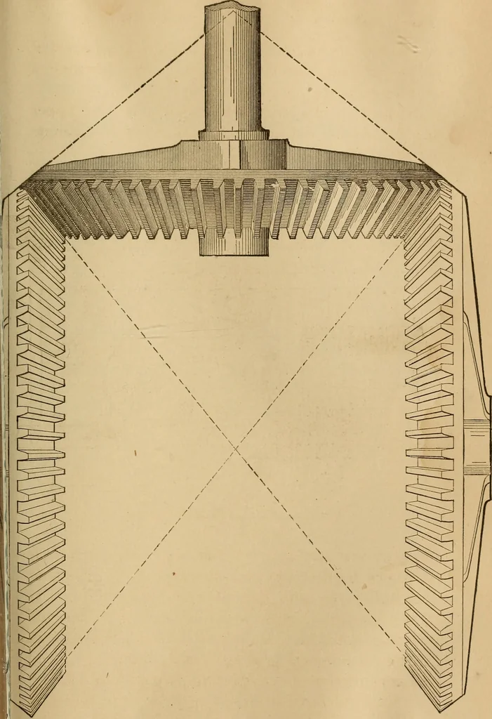 An illustration from Mechanical drawing self-taught: comprising instructions in the selection and preparation of drawing instruments, elementary instruction in practical mechanical drawing together with examples in simple geometry and elementary mechanism, including screw threads, gear wheels, mechanical motions, engines and boilers, 1883, leaf 226