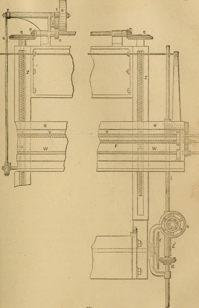 An illustration from Mechanical drawing self-taught: comprising instructions in the selection and preparation of drawing instruments, elementary instruction in practical mechanical drawing together with examples in simple geometry and elementary mechanism, including screw threads, gear wheels, mechanical motions, engines and boilers, 1883, leaf 228