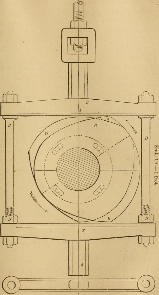 An illustration from Mechanical drawing self-taught: comprising instructions in the selection and preparation of drawing instruments, elementary instruction in practical mechanical drawing together with examples in simple geometry and elementary mechanism, including screw threads, gear wheels, mechanical motions, engines and boilers, 1883, leaf 250