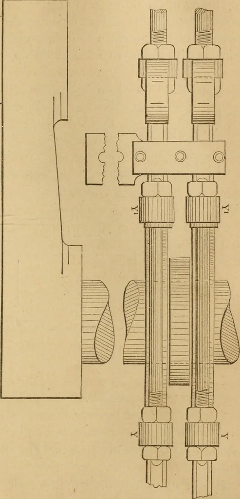 An illustration from Mechanical drawing self-taught: comprising instructions in the selection and preparation of drawing instruments, elementary instruction in practical mechanical drawing together with examples in simple geometry and elementary mechanism, including screw threads, gear wheels, mechanical motions, engines and boilers, 1883, leaf 252