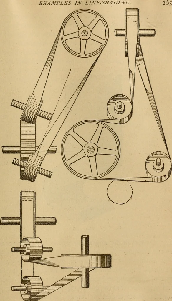 An illustration from Mechanical drawing self-taught: comprising instructions in the selection and preparation of drawing instruments, elementary instruction in practical mechanical drawing together with examples in simple geometry and elementary mechanism, including screw threads, gear wheels, mechanical motions, engines and boilers, 1883, leaf 282
