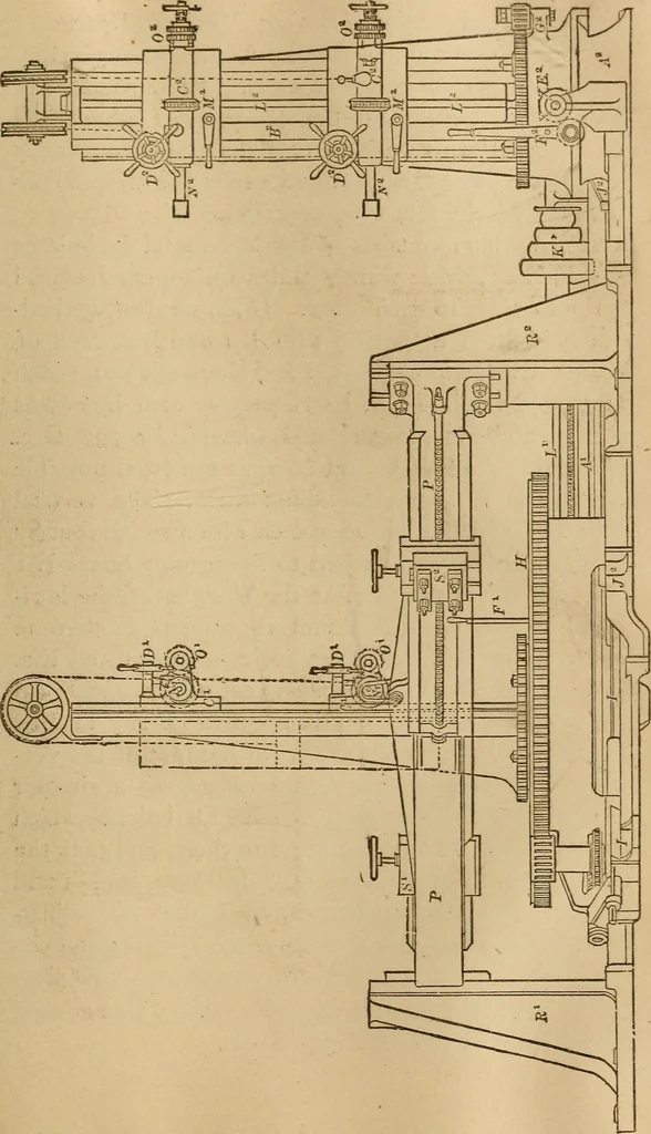 An illustration from Mechanical drawing self-taught: comprising instructions in the selection and preparation of drawing instruments, elementary instruction in practical mechanical drawing together with examples in simple geometry and elementary mechanism, including screw threads, gear wheels, mechanical motions, engines and boilers, 1883, leaf 288