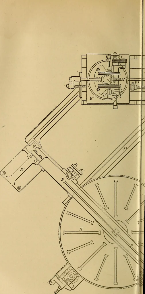 An illustration from Mechanical drawing self-taught: comprising instructions in the selection and preparation of drawing instruments, elementary instruction in practical mechanical drawing together with examples in simple geometry and elementary mechanism, including screw threads, gear wheels, mechanical motions, engines and boilers, 1883, leaf 293