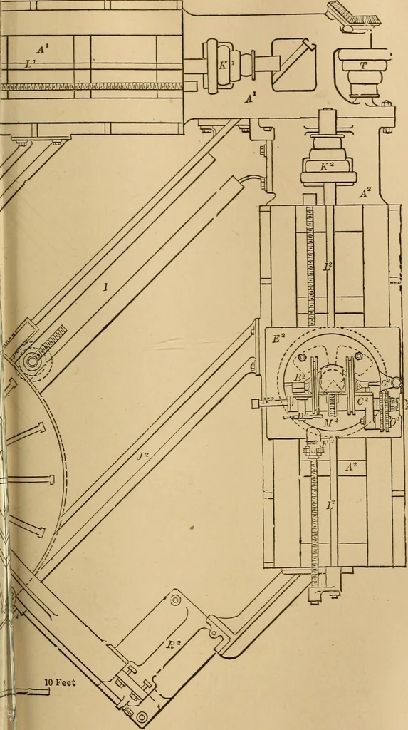 An illustration from Mechanical drawing self-taught: comprising instructions in the selection and preparation of drawing instruments, elementary instruction in practical mechanical drawing together with examples in simple geometry and elementary mechanism, including screw threads, gear wheels, mechanical motions, engines and boilers, 1883, leaf 294