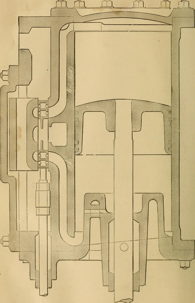 An illustration from Mechanical drawing self-taught: comprising instructions in the selection and preparation of drawing instruments, elementary instruction in practical mechanical drawing together with examples in simple geometry and elementary mechanism, including screw threads, gear wheels, mechanical motions, engines and boilers, 1883, leaf 323