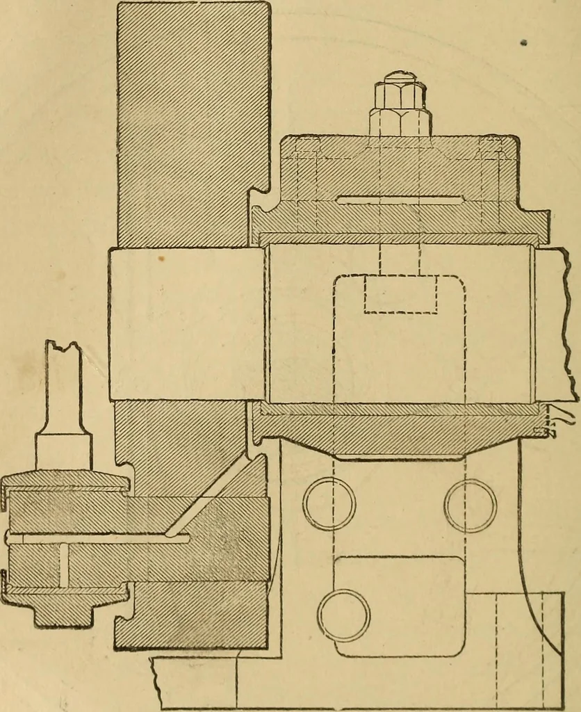 An illustration from Mechanical drawing self-taught: comprising instructions in the selection and preparation of drawing instruments, elementary instruction in practical mechanical drawing together with examples in simple geometry and elementary mechanism, including screw threads, gear wheels, mechanical motions, engines and boilers, 1883, leaf 329
