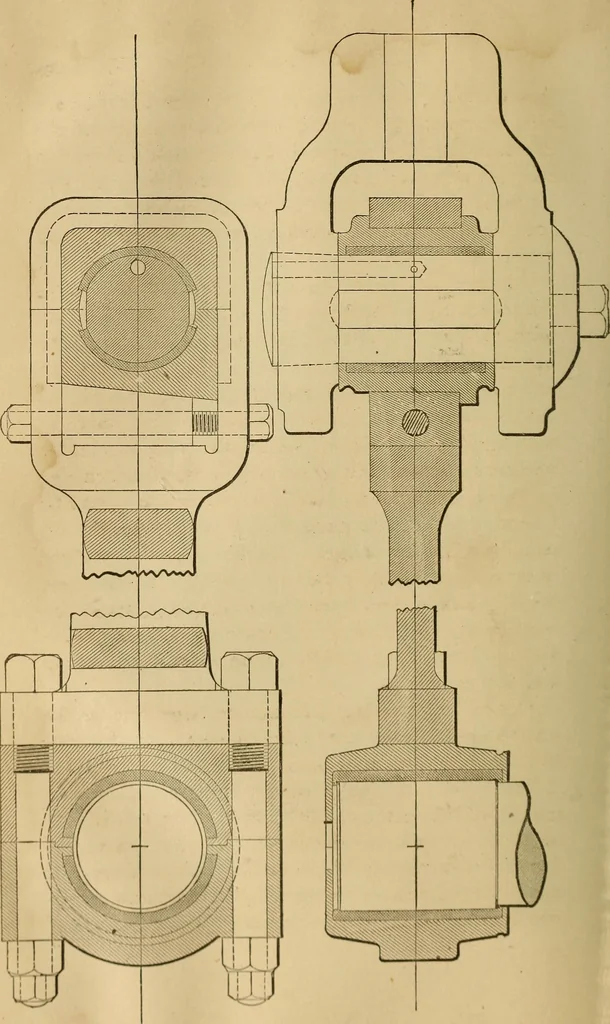 An illustration from Mechanical drawing self-taught: comprising instructions in the selection and preparation of drawing instruments, elementary instruction in practical mechanical drawing together with examples in simple geometry and elementary mechanism, including screw threads, gear wheels, mechanical motions, engines and boilers, 1883, leaf 331