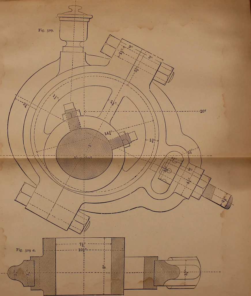 An illustration from Mechanical drawing self-taught: comprising instructions in the selection and preparation of drawing instruments, elementary instruction in practical mechanical drawing together with examples in simple geometry and elementary mechanism, including screw threads, gear wheels, mechanical motions, engines and boilers, 1883, leaf 345