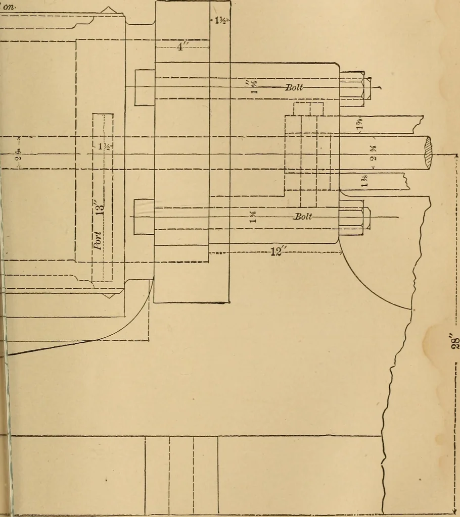 An illustration from Mechanical drawing self-taught: comprising instructions in the selection and preparation of drawing instruments, elementary instruction in practical mechanical drawing together with examples in simple geometry and elementary mechanism, including screw threads, gear wheels, mechanical motions, engines and boilers, 1883, leaf 352