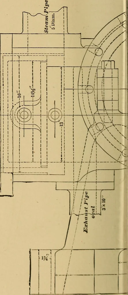 An illustration from Mechanical drawing self-taught: comprising instructions in the selection and preparation of drawing instruments, elementary instruction in practical mechanical drawing together with examples in simple geometry and elementary mechanism, including screw threads, gear wheels, mechanical motions, engines and boilers, 1883, leaf 355