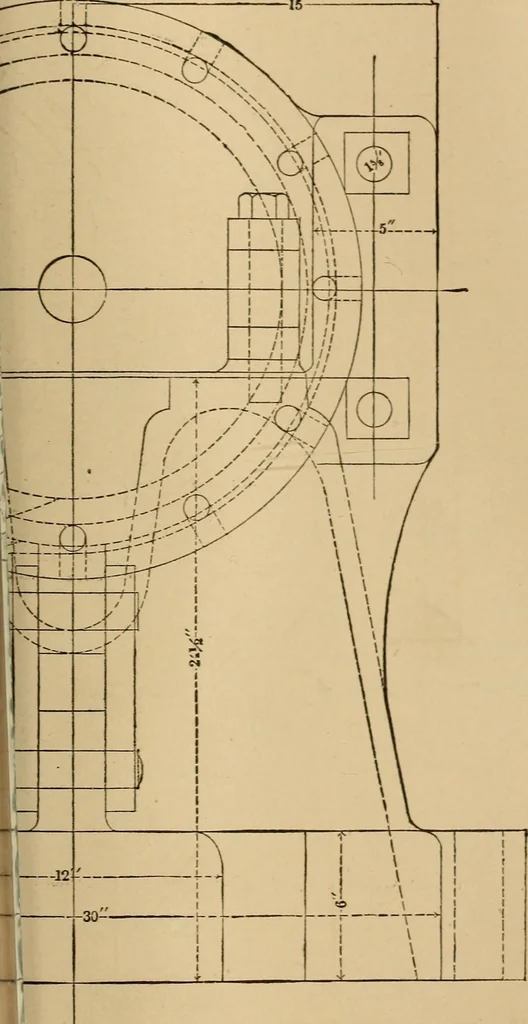 An illustration from Mechanical drawing self-taught: comprising instructions in the selection and preparation of drawing instruments, elementary instruction in practical mechanical drawing together with examples in simple geometry and elementary mechanism, including screw threads, gear wheels, mechanical motions, engines and boilers, 1883, leaf 356