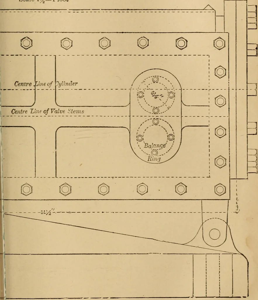 An illustration from Mechanical drawing self-taught: comprising instructions in the selection and preparation of drawing instruments, elementary instruction in practical mechanical drawing together with examples in simple geometry and elementary mechanism, including screw threads, gear wheels, mechanical motions, engines and boilers, 1883, leaf 362