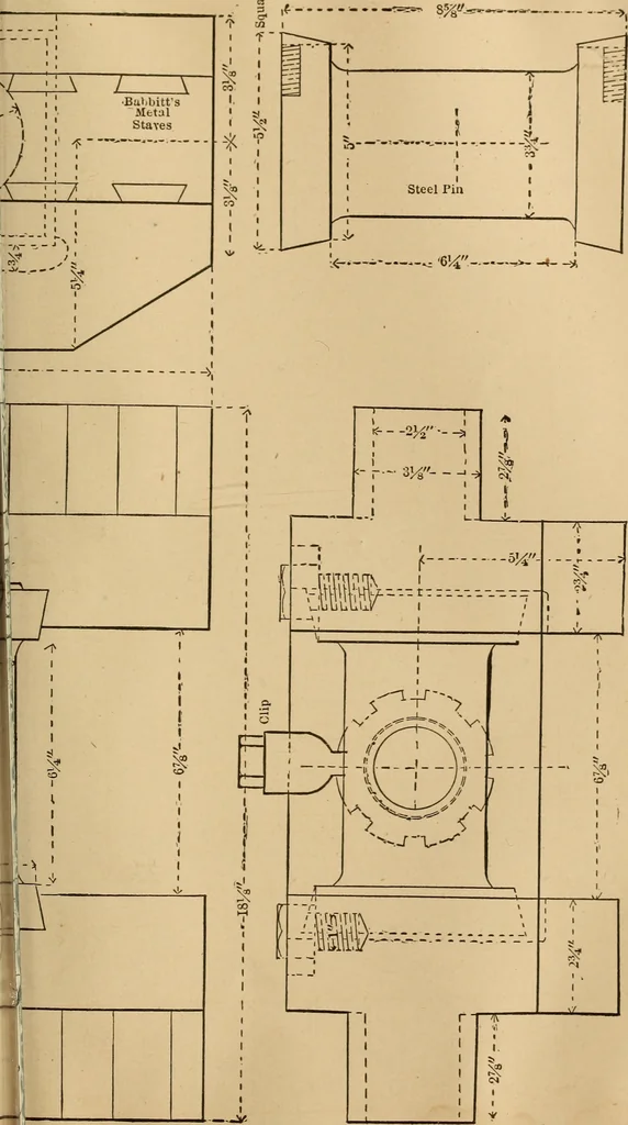 An illustration from Mechanical drawing self-taught: comprising instructions in the selection and preparation of drawing instruments, elementary instruction in practical mechanical drawing together with examples in simple geometry and elementary mechanism, including screw threads, gear wheels, mechanical motions, engines and boilers, 1883, leaf 378